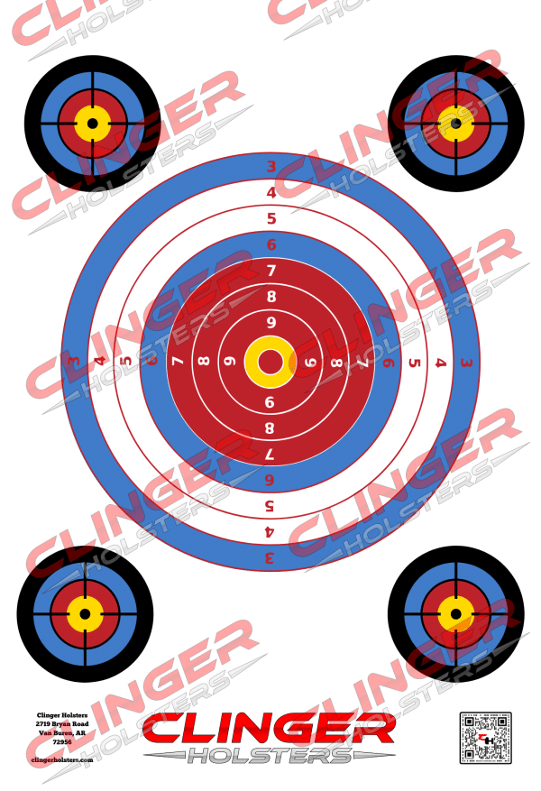 A bullseye target with a large central red and blue circular pattern, marked with scores from 3 to 10, and smaller bullseye targets in each corner. The Clinger Holsters logo and address appear at the bottom.