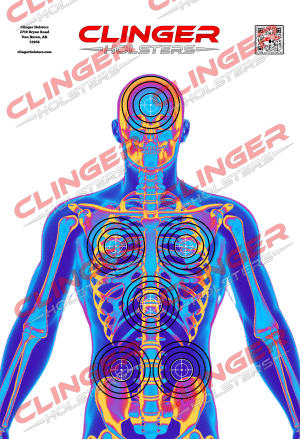 A neon-colored X-ray style image of a human torso with target rings overlaid on the head, chest, abdomen, and lower torso. Clinger Holsters branding and address are displayed at the top, with a QR code in the top right corner.