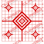 A red target grid with multiple squares and diamond-shaped targets in the center and corners. Includes numbered grids along the top and side edges. Clinger Holsters branding and address appear at the top and bottom of the target, along with sections for shooter information, firearm information, and range conditions.