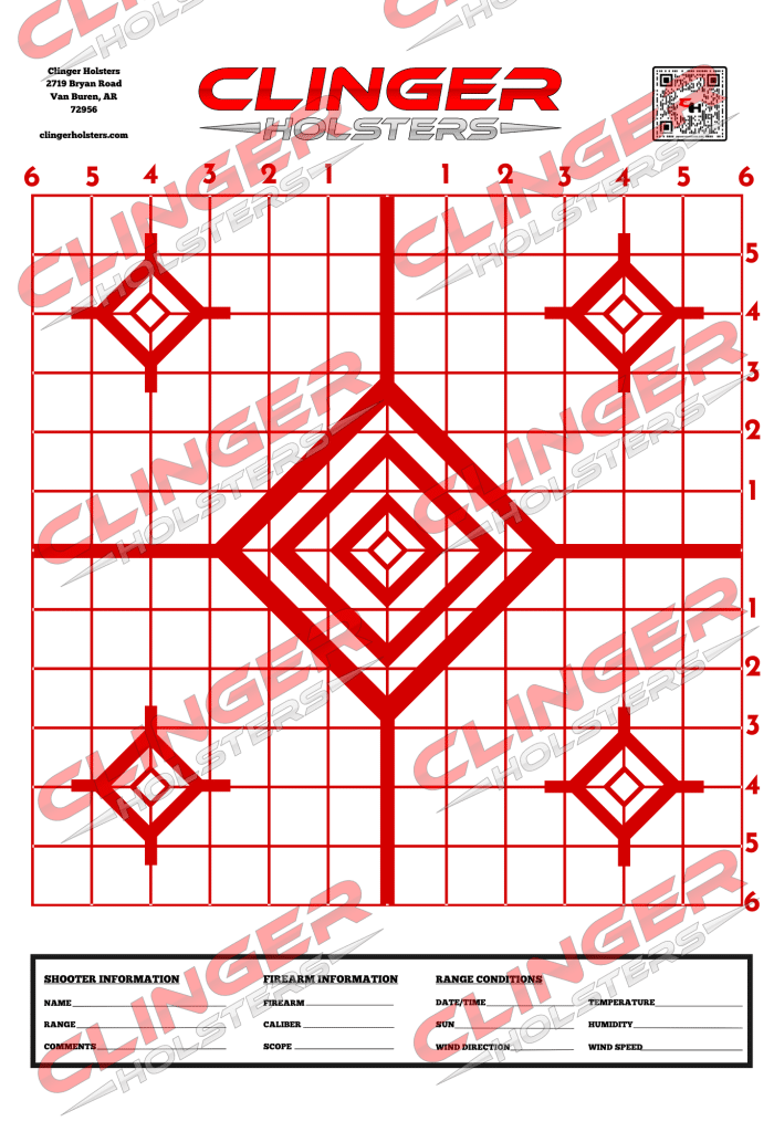 A red target grid with multiple squares and diamond-shaped targets in the center and corners. Includes numbered grids along the top and side edges. Clinger Holsters branding and address appear at the top and bottom of the target, along with sections for shooter information, firearm information, and range conditions.