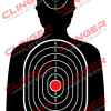 A black silhouette of a human figure with white concentric scoring rings centered on the chest and a smaller target over the head. The center chest is highlighted in red. Clinger Holsters branding and address are included at the bottom, along with a QR code in the bottom right.