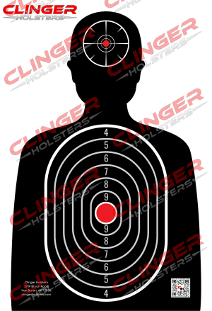 A black silhouette of a human figure with white concentric scoring rings centered on the chest and a smaller target over the head. The center chest is highlighted in red. Clinger Holsters branding and address are included at the bottom, along with a QR code in the bottom right.